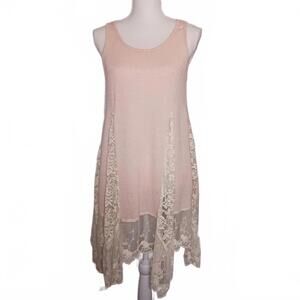 NEW Entro Pink Sleeveless Tunic‎ Top w/ Cream Lace Trim & Hem, Size S